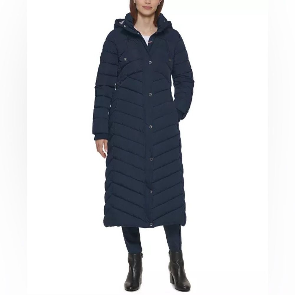Tommy Hilfiger Womens Navy Hooded Maxi Puffer Coat Extra Small New
